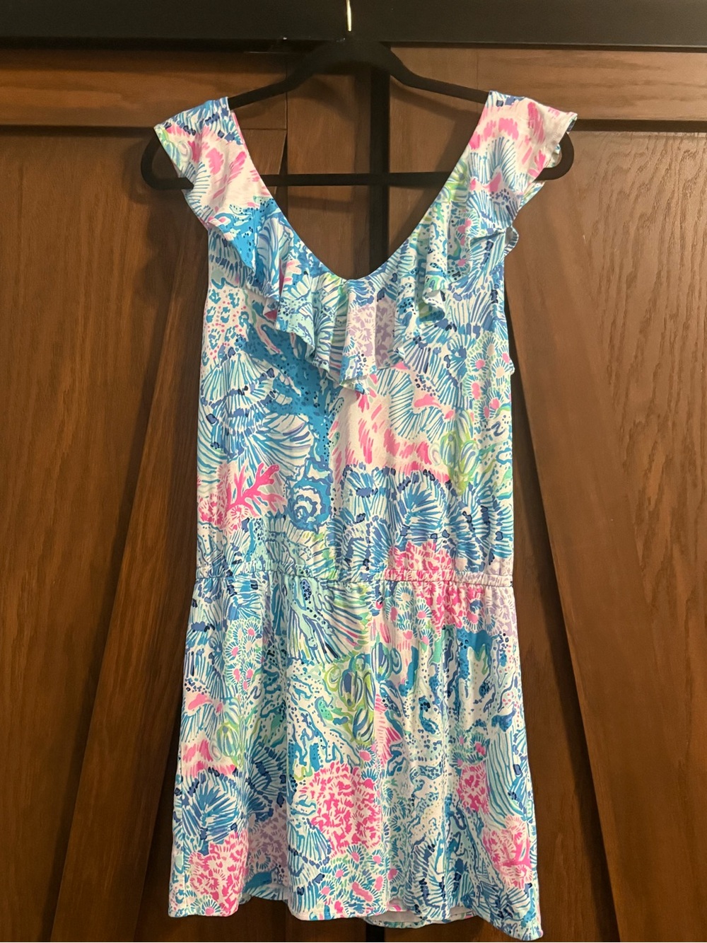 Lilly Pulitzer Alessa Romper Sink or Swim Print Sz M Blue Pink Ruffle EUC - Picture 2 of 5